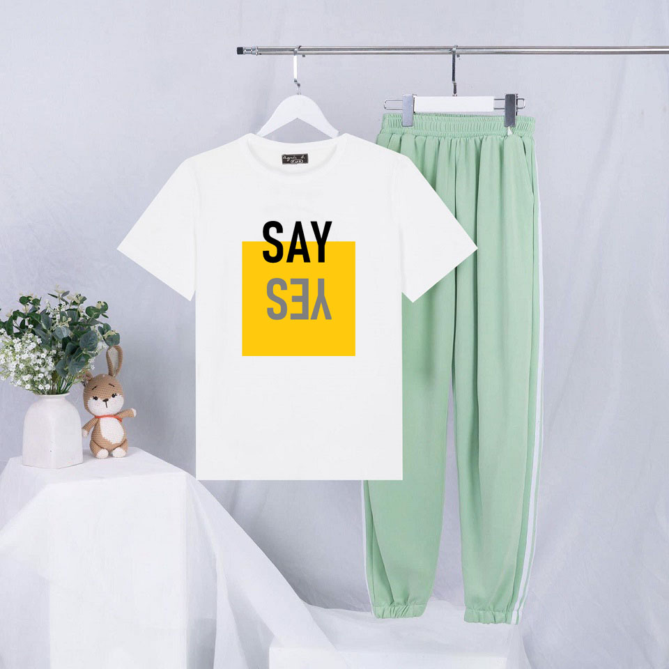 Sét Bộ Đồ Quần Áo Thời Trang Nữ Ngắn Tay Mùa Hè Siêu Xinh Cute Mặc Đi Chơi Dạo Phố, Áo Cotton In Họa Tiết Chữ SAY YES Quần Thun Sọc Bo Gấu Phong cách