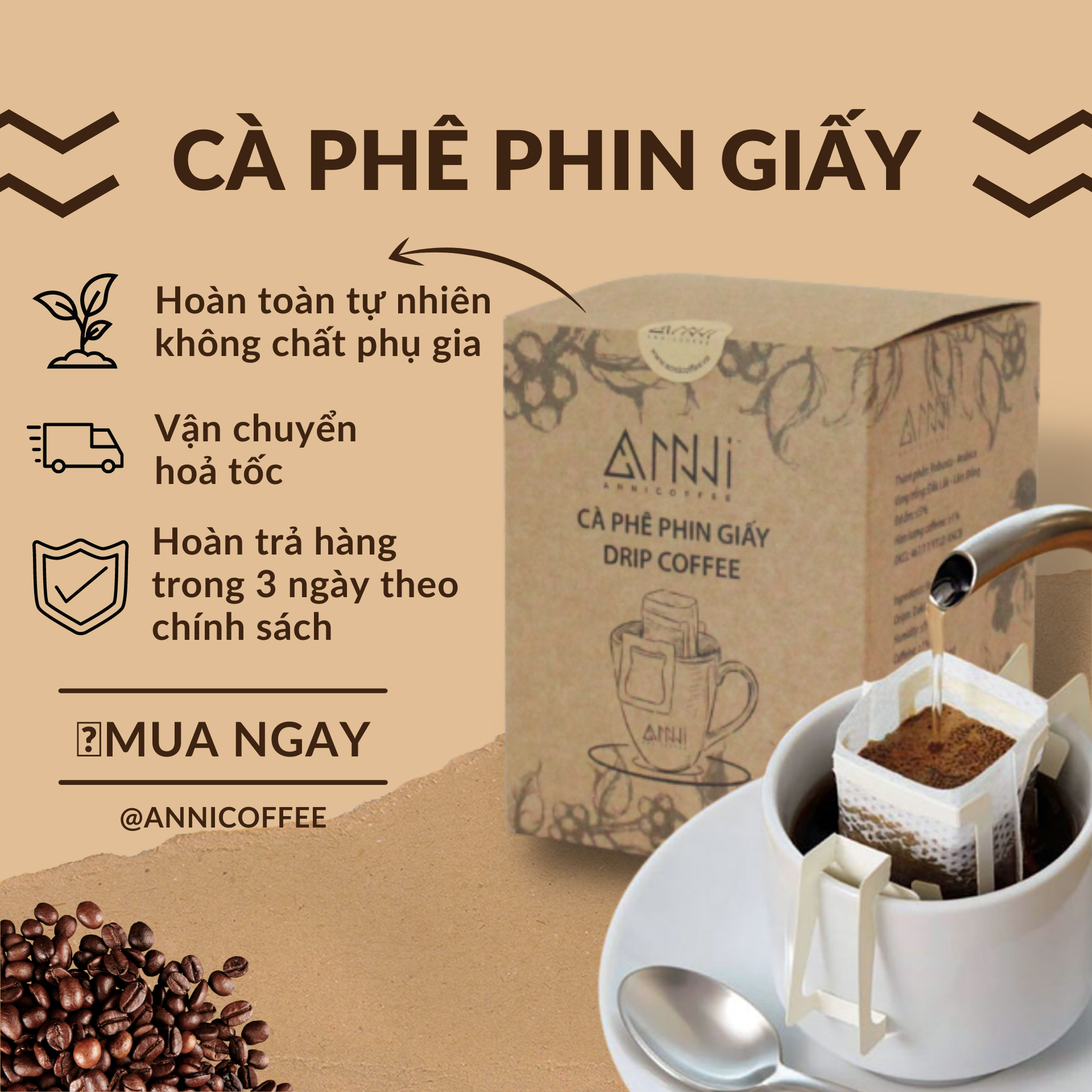 Cà phê phin giấy ANNI COFFEE - Drip Coffee - (10 Gói x 15g) 100% cafe rang xay nguyên chất Arabica & Robusta - Kèm gói đường bên trong.