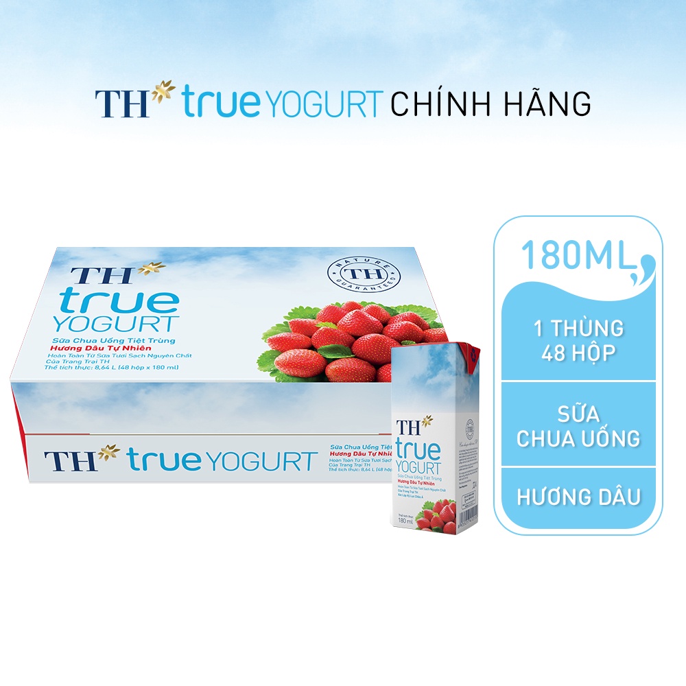 (HSD T1-2025) Thùng 48 Hộp Sữa Chua Uống Tiệt Trùng Hương Dâu Tự Nhiên TH True Yogurt 180ml.