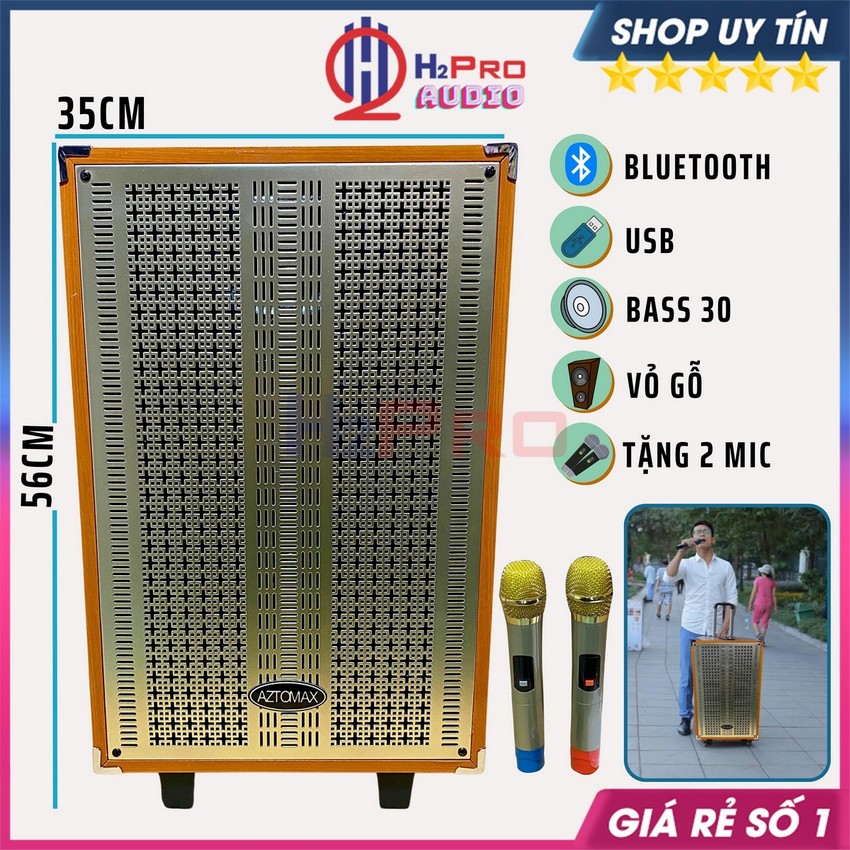 Loa Kéo Karaoke Aztomax Az-302 Bass 30 Bluetooth, Có Màn Hình, Công Suất Lớn, Bass Ấm-Lời Sáng, Tặng 2 Mic-H2Pro Audio