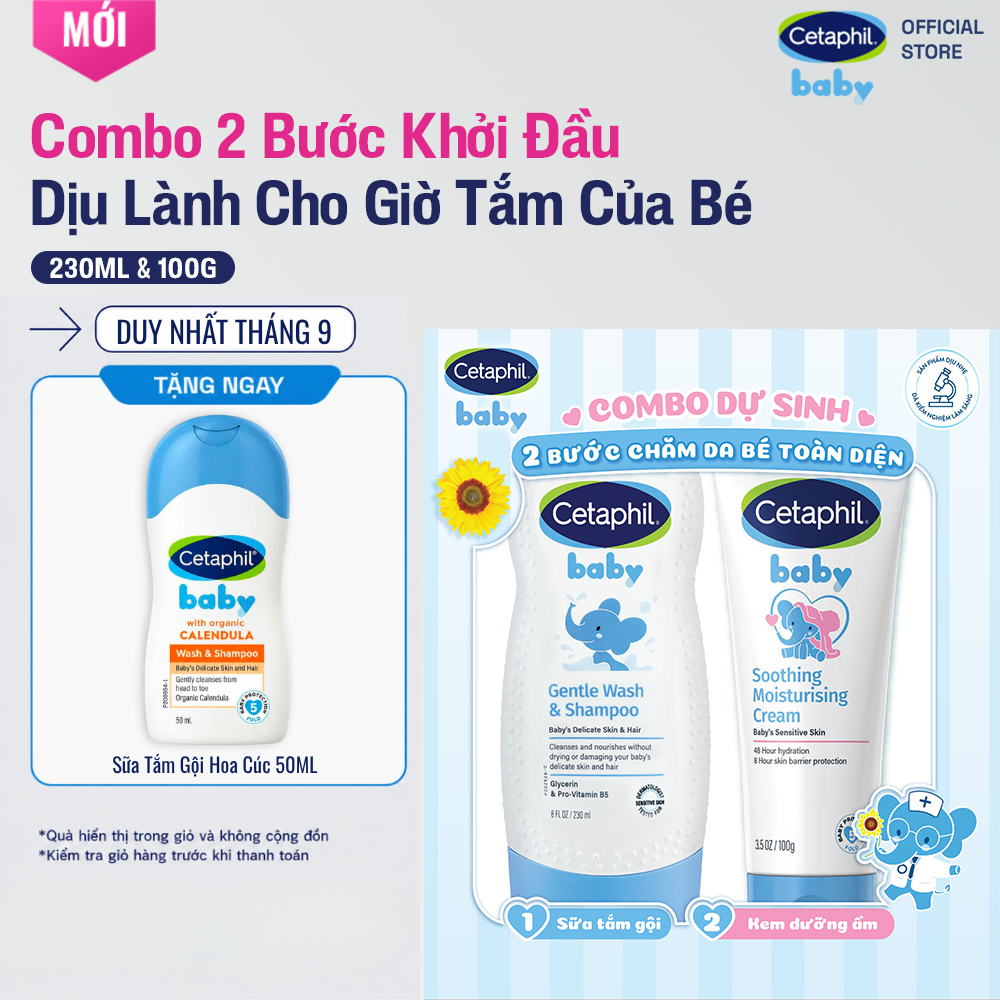 [COMBO DỰ SINH] Sữa tắm gội dịu lành cho bé CETAPHIL BABY GENTLE 230ML  Kem dưỡng ẩm và làm dịu đa năng cho bé 100G