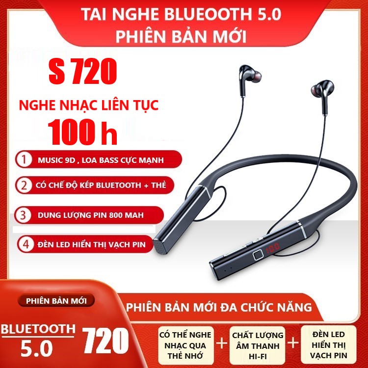 Tai Nghe Bluetooth Không Dây Phiên Bản S 720. Pin Khủng 800 mAh Nghe Nhạc 100H Âm thanh 9D.  Bluetooth 5.0 khoảng cách kết nối lên đến 15m. Tai nghe bluetooth thể thao không dây cao cấp. tai nghe bluetooth choàng cổ