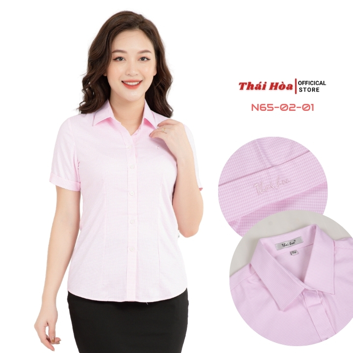 Áo sơ mi công sở thái hòa N65-02-01. Áo sơ mi nữ ngắn tay, màu hồng, nhẹ nhàng, trẻ trung