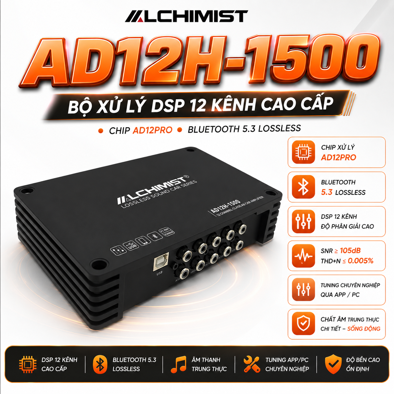 Bộ xử lý DSP 12 kênh cao cấp Alchimist AD12H-1500 với chip AD12Pro, Bluetooth 5.3, tuning âm thanh đỉnh cao cho xe hơi