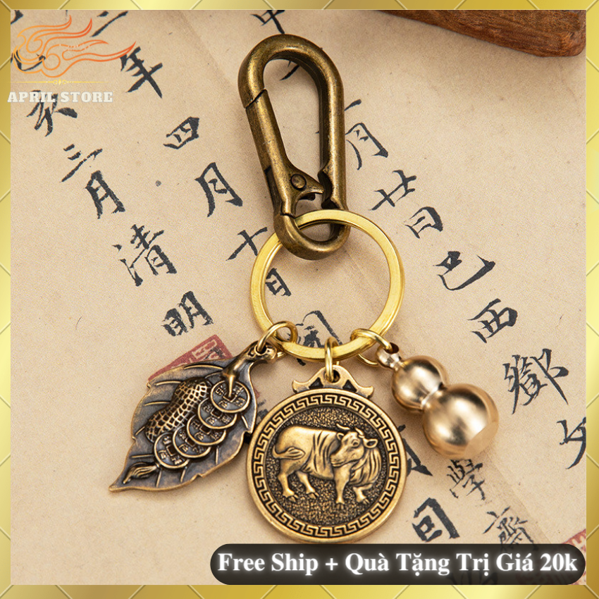 Móc Khóa Đồng Xu 12 Con Giáp 4 Món(HL06) ,Bầu Rắn,Lá Tiền Vàng,Treo Thắt Lưng Phong Thủy Đồng Thu Hút Tài Lộc May Mắn