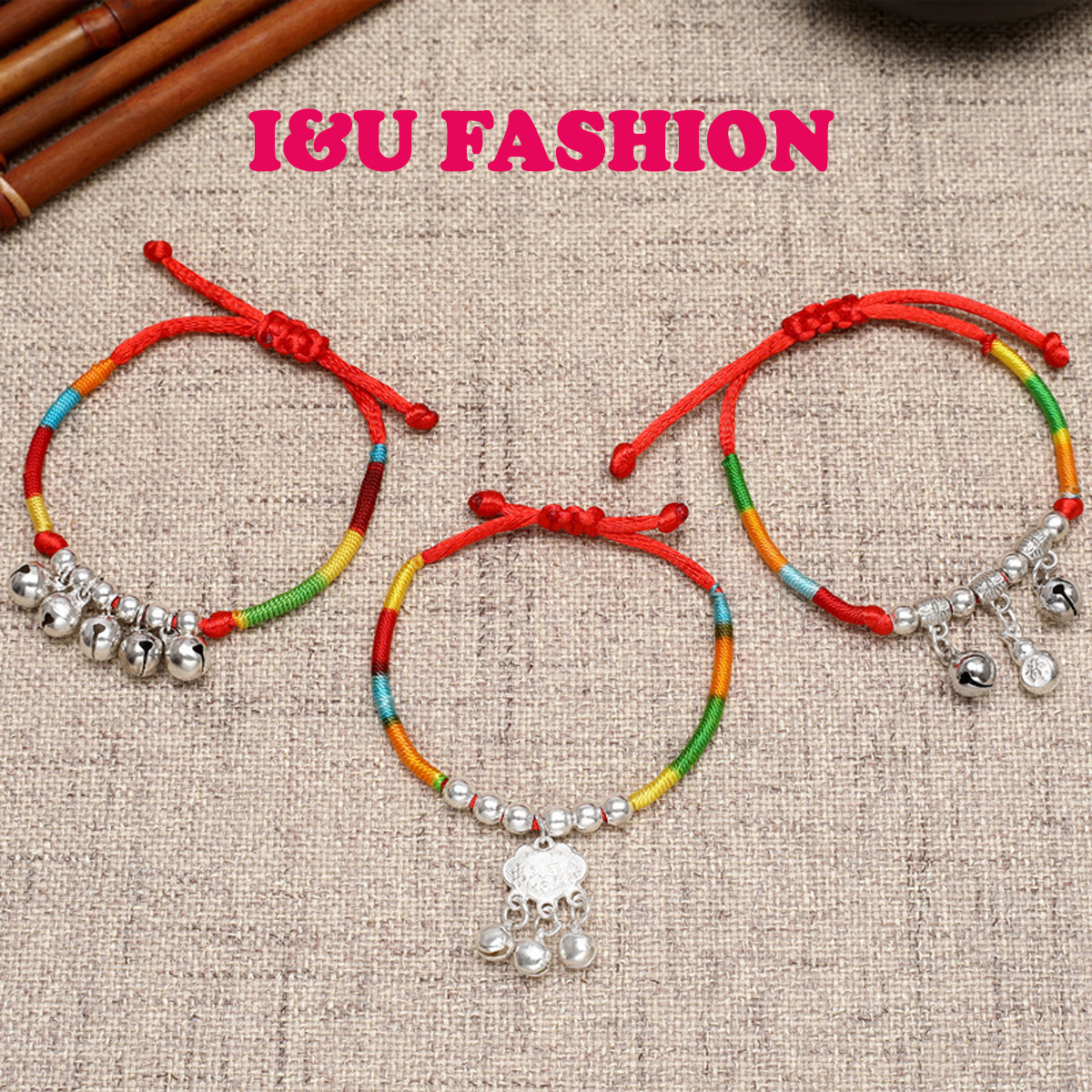 Vòng tay vòng chân trẻ em , người lớn nhiều màu sắc cầu may mắn bình an gắn khóa trường mệnh , lục lạc và hồ lô xinh xắn dễ thương màu bạc dây rút VT-05