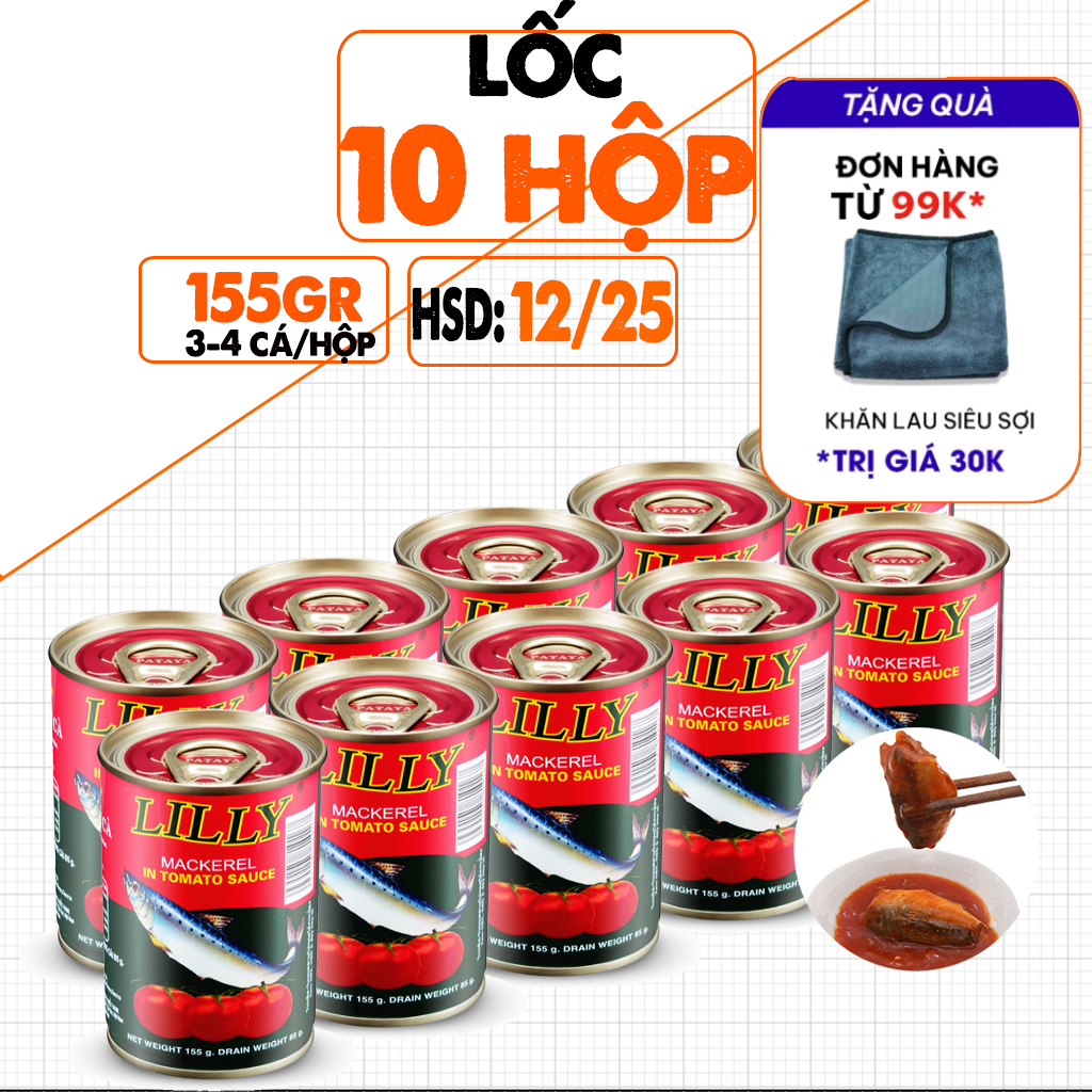 Lốc 10 Hộp Cá Nục Sốt Cà Lilly Chính Hãng Đóng Lon 155g, Date 12/2025, Cá Mềm, Vị Chua, Ngọt, Ăn Liền