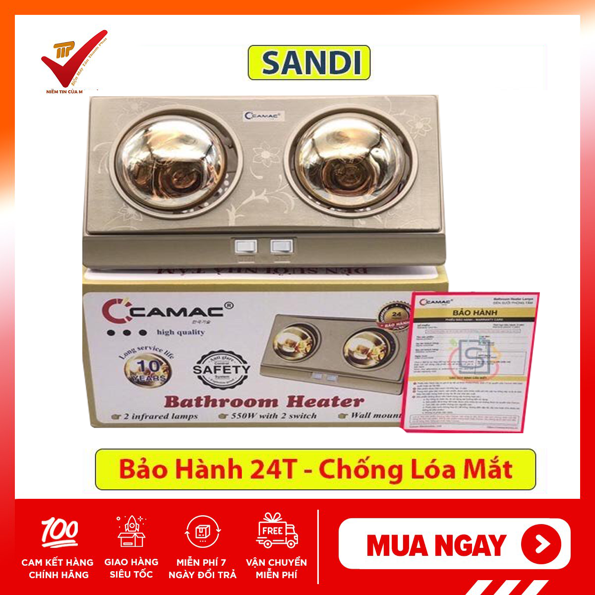 [Voucher 7% Max 800K] [ Hàng chính hãng - Bảo hành 24 tháng] Đèn Sưởi Ấm, Đèn Sưởi Nhà Tắm CAMAC 2 Bóng Công Nghệ Hàn Quốc Chống Lóa Mắt