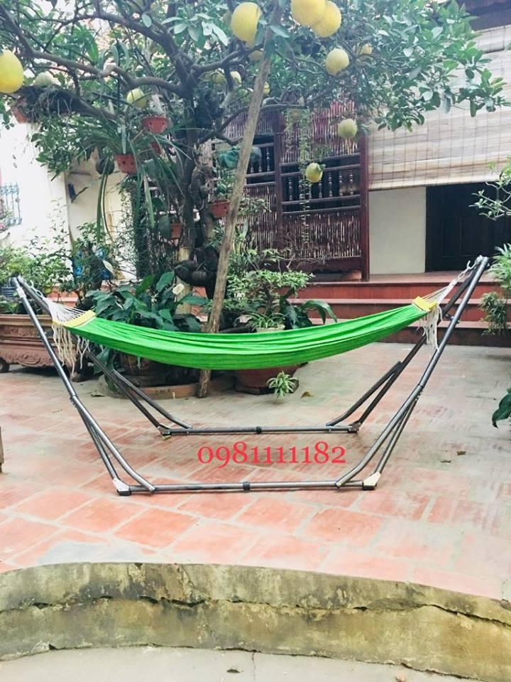 Bộ võng xếp ban mai sơn tĩnh kèm lưới cán gỗ ban mai màu xanh dương