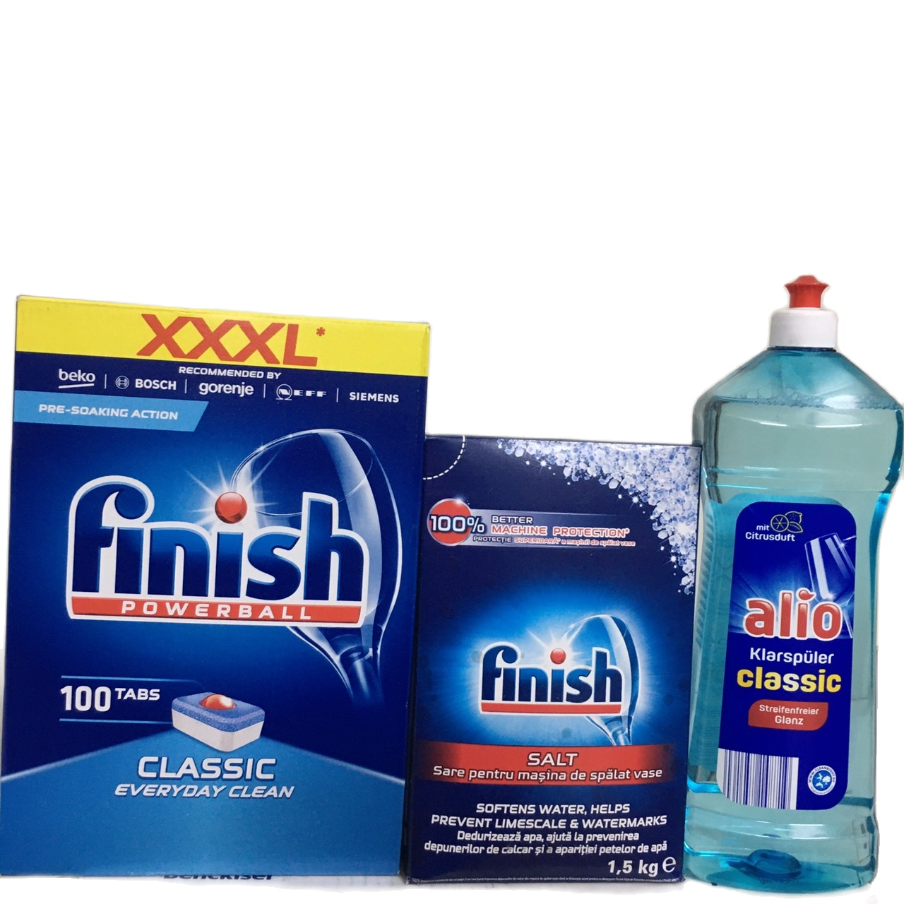 Combo 100 Viên finish all in 1+1000ml Bóng aLIO+1.5kg muối rửa bát finish dùng cho Máy rửa bát