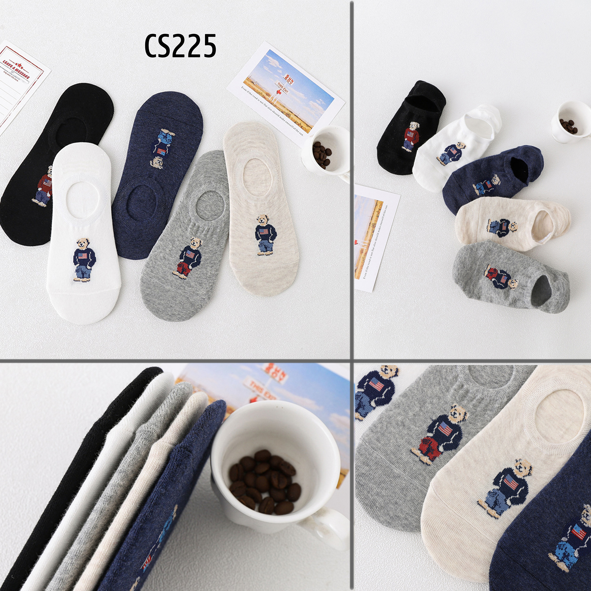 Set 5 đôi tất vớ nam nữ lười bàn chân hoạ tiết gấu chất liệu cao cấp co dãn 4 chiều cực thoải mái CS225