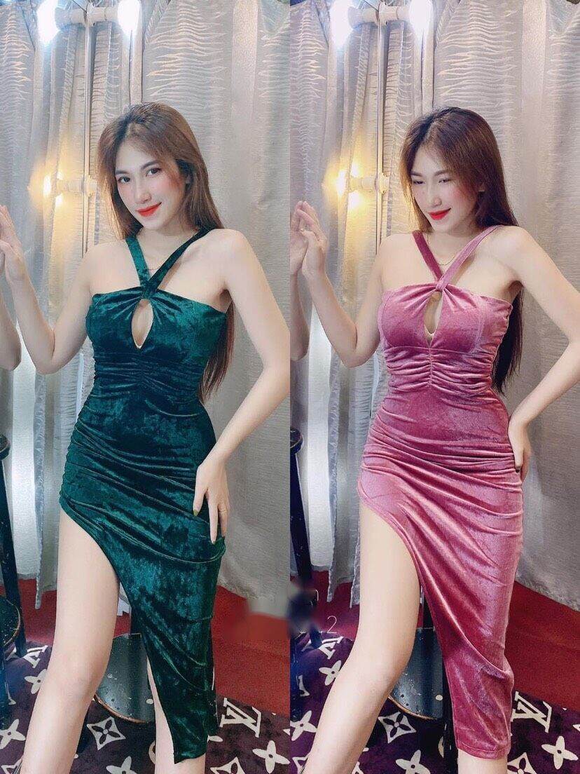 Váy đầmôm body sexy nữ hở ngực chất Nhung kiểu cổ yếm chân váy vát chéo