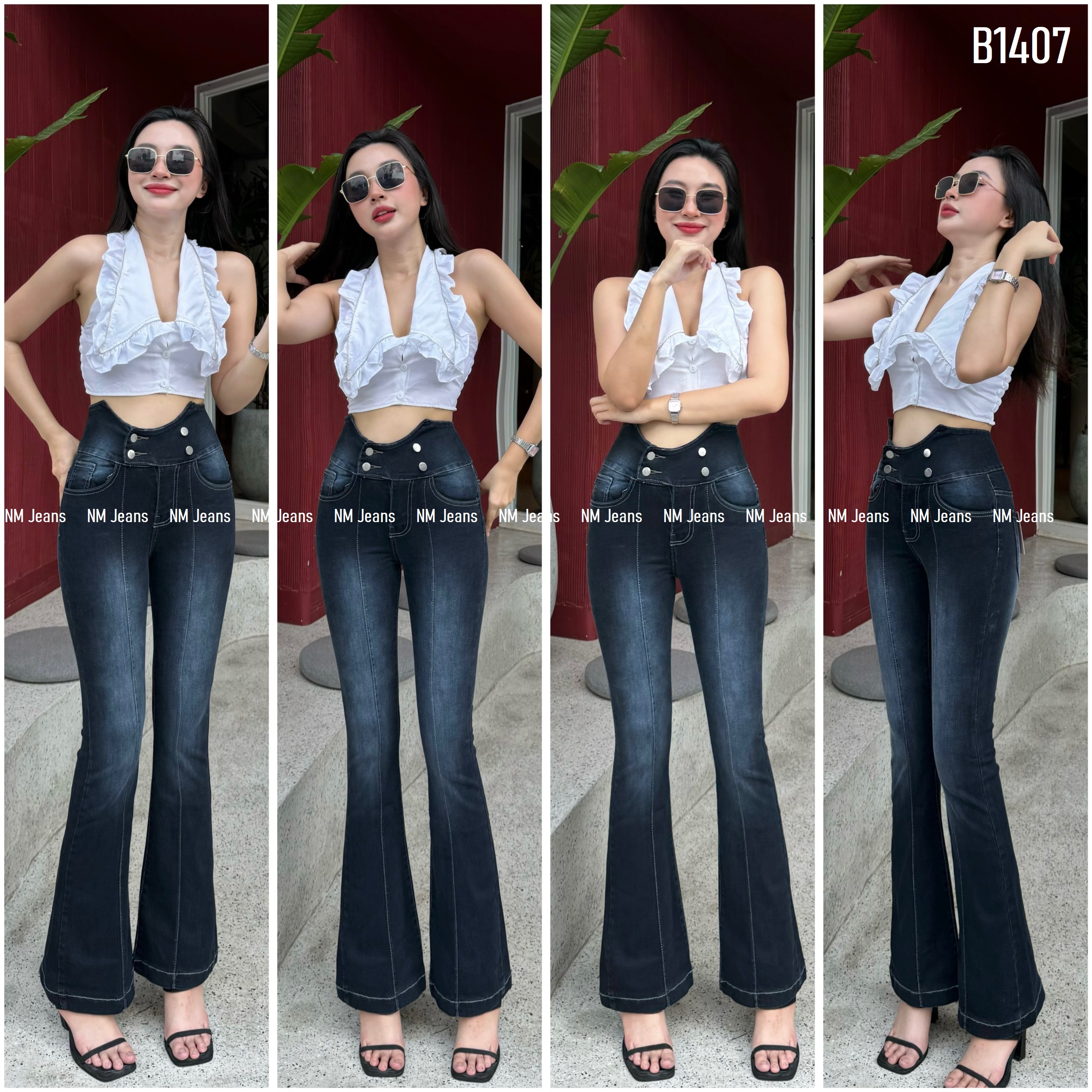 Quần jean nữ ống loe 2 nút màu xám tây kiểu 4 nút vuông