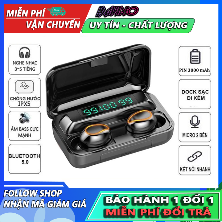 Tai nghe tws F9 12 nâng cấp chip bluetooth 5.0, màn hình LED hiển thị, điều khiển cảm ứng, âm thanh hi-res