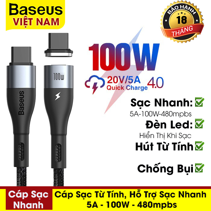[BẢO HÀNH 12 THÁNG] Cáp sạc từ Baseus công suất 100W/20V/5A/ QC 4.0 cho Iphone Xiaomi Samsung Huawei Laptop hỗ trợ sạc nhanh 5A