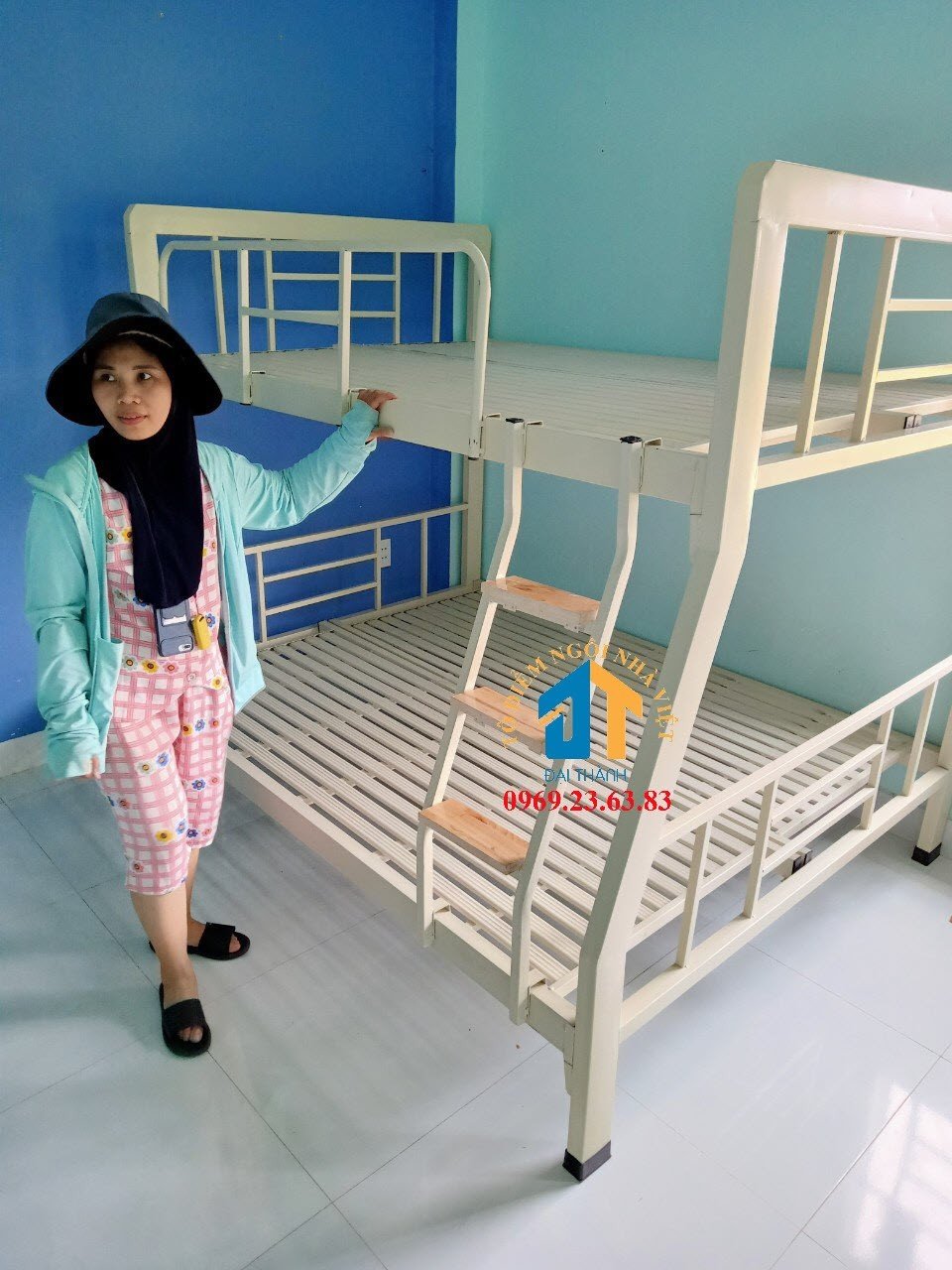 Giường  sắt Tầng Trên 1m4 Dưới 1m6 Dài 2m sắt 4x8 Màu Kem  cao cấp free vận chuyển TP.HCM