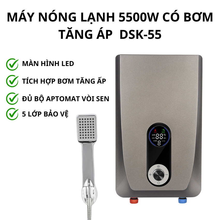Máy nước nóng trực tiếp, máy làm nước nóng có bơm tăng áp 1 núm, bình nóng lạnh làm nóng nhanh trong vài giây , có át chống giật đủ bộ sen