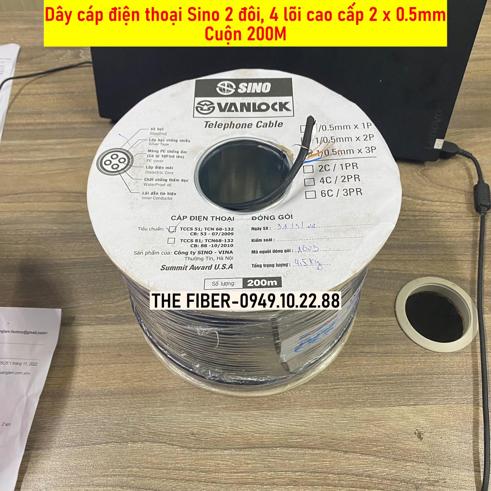 Dây cáp điện thoại sino 2 đôi, 4 lõi cao cấp 2 x 0.5mm cuộn 200m