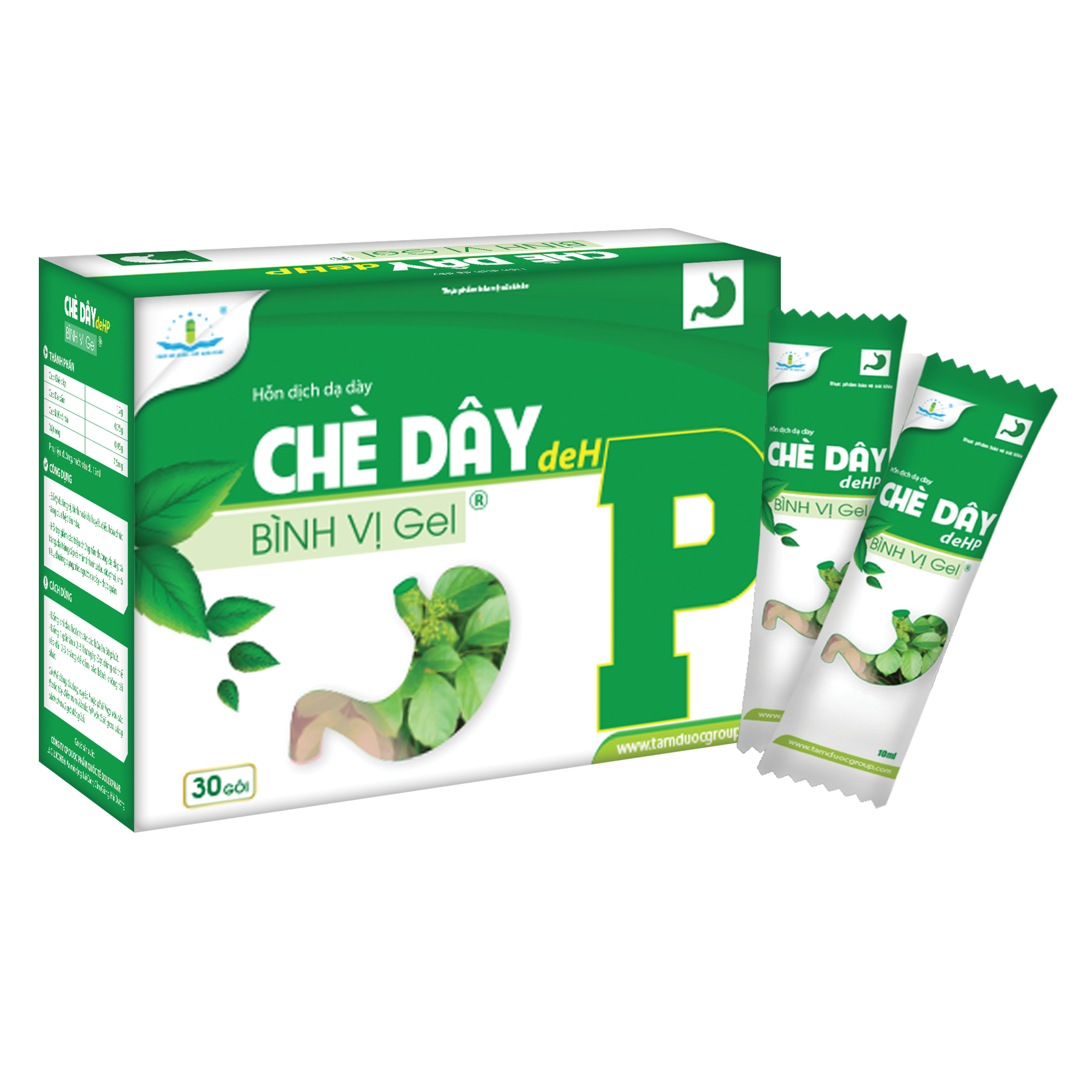 CHÈ DÂY deHP BÌNH VỊ Gel (dạ dày chữ P) Hộp 30 Gói x 10ml -  Hỗ Trợ Giảm Viêm Loét Dạ Dày, Đau Dạ Dày, Trào Ngược Dạ Dày, Ợ Hơi, Khó Tiêu, Chướng Bụng
