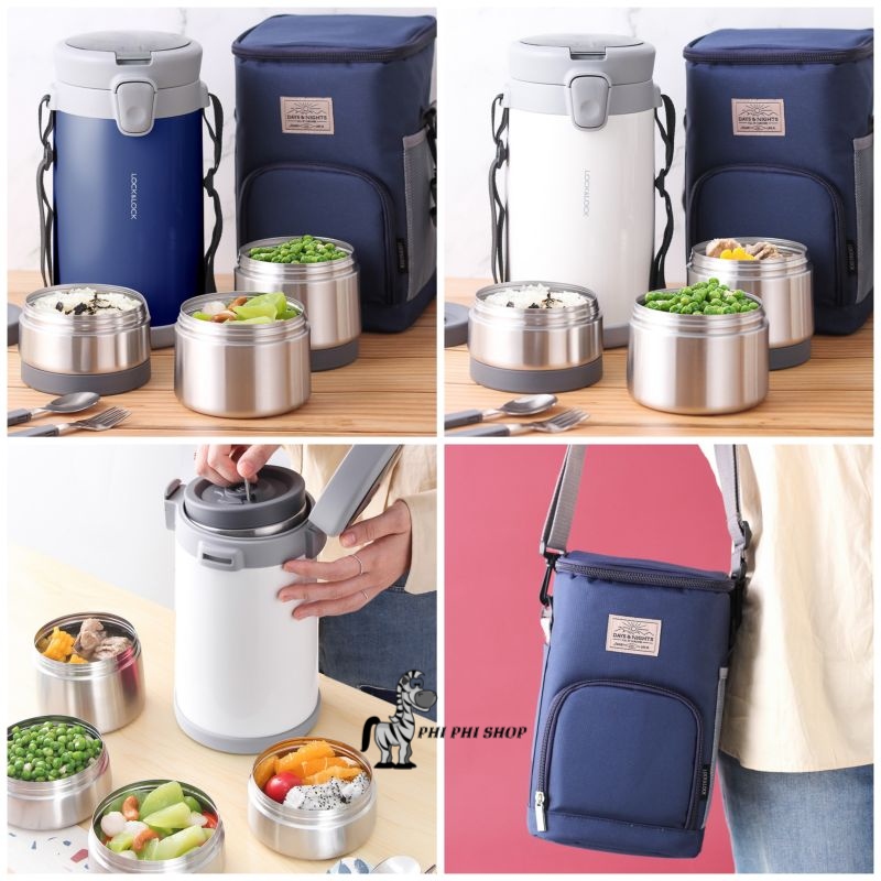 Bộ hộp cơm giữ nhiệt lock&lock easy carry 2.0l kèm túi đeo, muỗng nĩa lhc8039