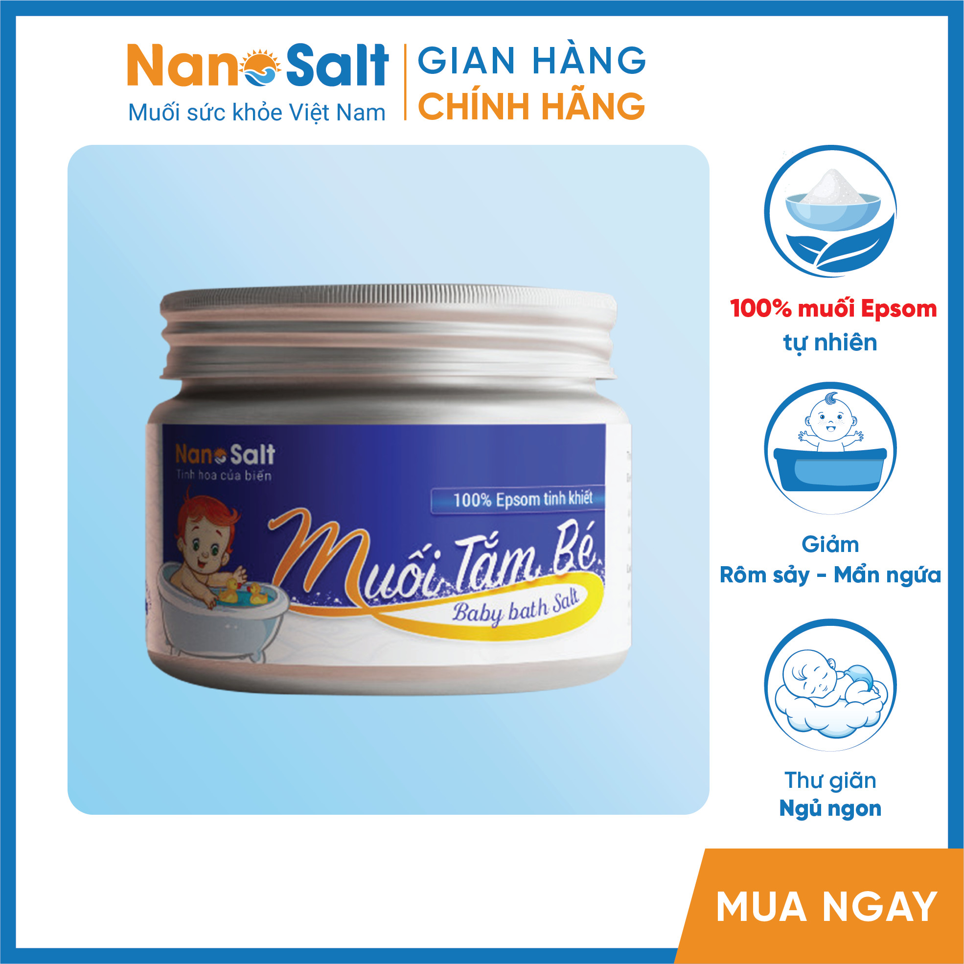 Muối tắm bé, muối tắm epsom, sạch rôm sảy, mẩm ngứa, hăm da
