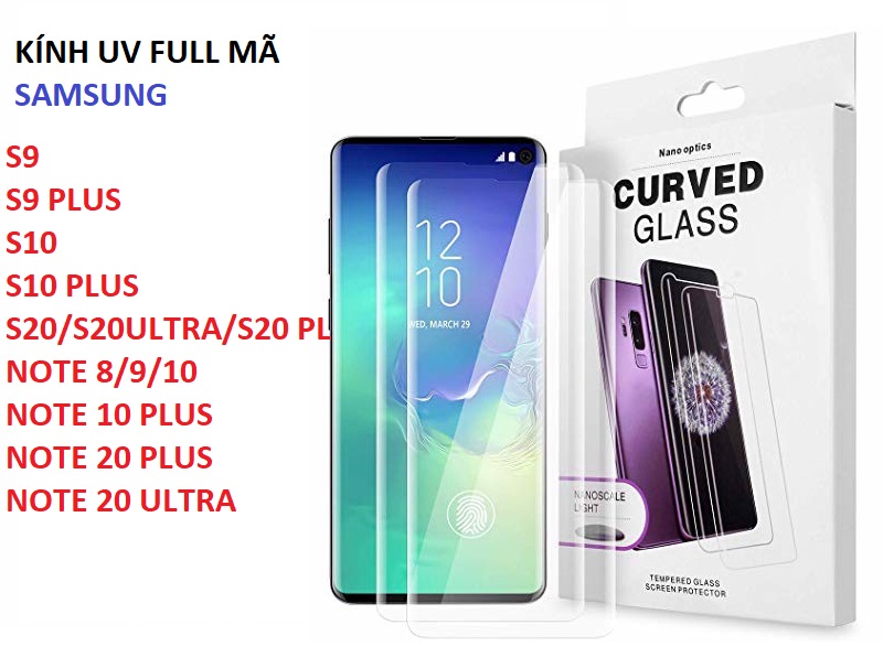 Kính uv full màn hình cho điện thoại samsung viền cong: note 10, note 10 plus, s10, s10 plus, note 8, 9, ....