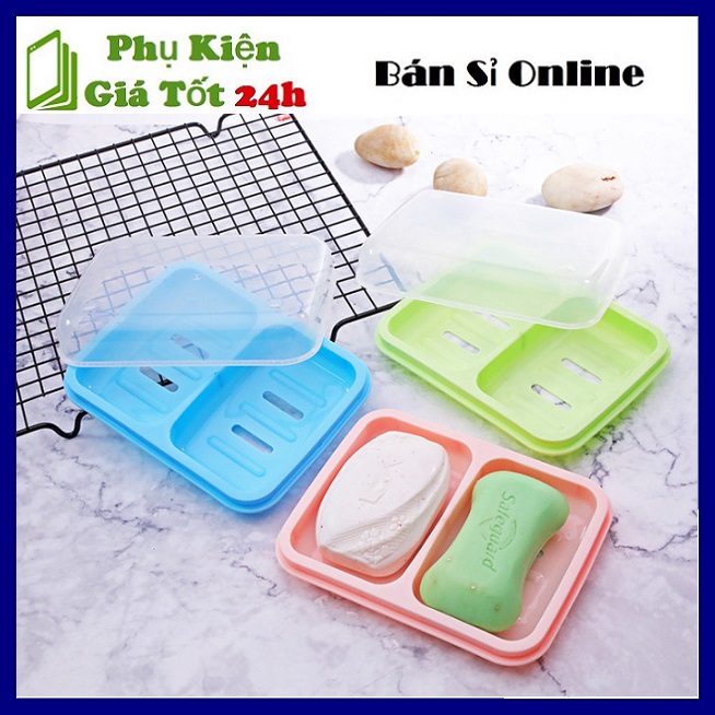 ⚡ Khay Nhựa Đựng Xà Bông Tắm, Xà Phòng Rửa Tay 2 Ngăn Tiên Dụng - Hộp Đựng Xà Phòng 2 Ngăn Có Nắp Đậy Chống Thấm Nước ⚡