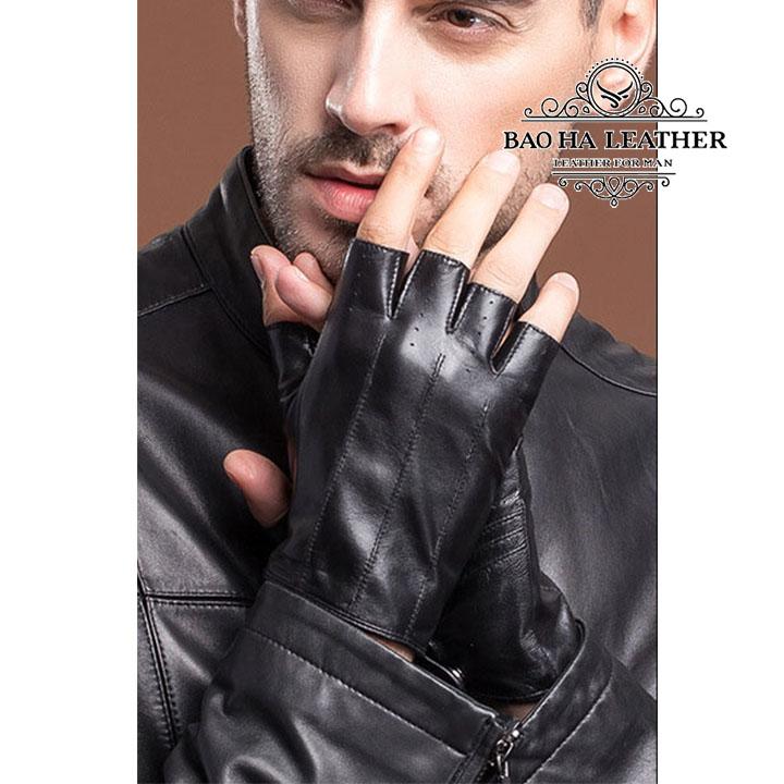 Găng tay nam cao cấp BHY8861 Găng tay hở ngón, Bao tay phượt, da cừu thật, đeo 4 mùa.