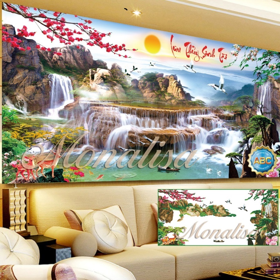 Tranh đính đá phong cảnh lưu thủy sinh tài đẹp 160x70 2mx98cm
