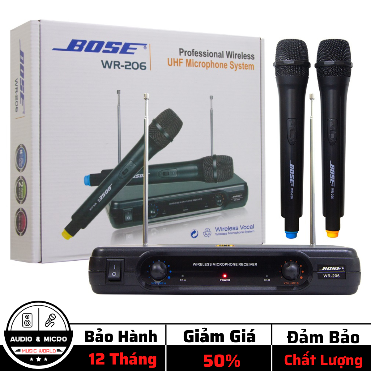 Micro Không Dây Bose WR 206 – Micro Karaoke Sóng UHF Độ Nhạy Cao Hát Nhẹ, Loại Bỏ Tạp Âm Chống Hú , Chống Rè, Loại Bỏ Tạp Âm.- Micro karaoke Bose WR 206 Micro không dây sóng UHF Hát nhẹ, chống hú hiệu quả bảo hành 12 tháng