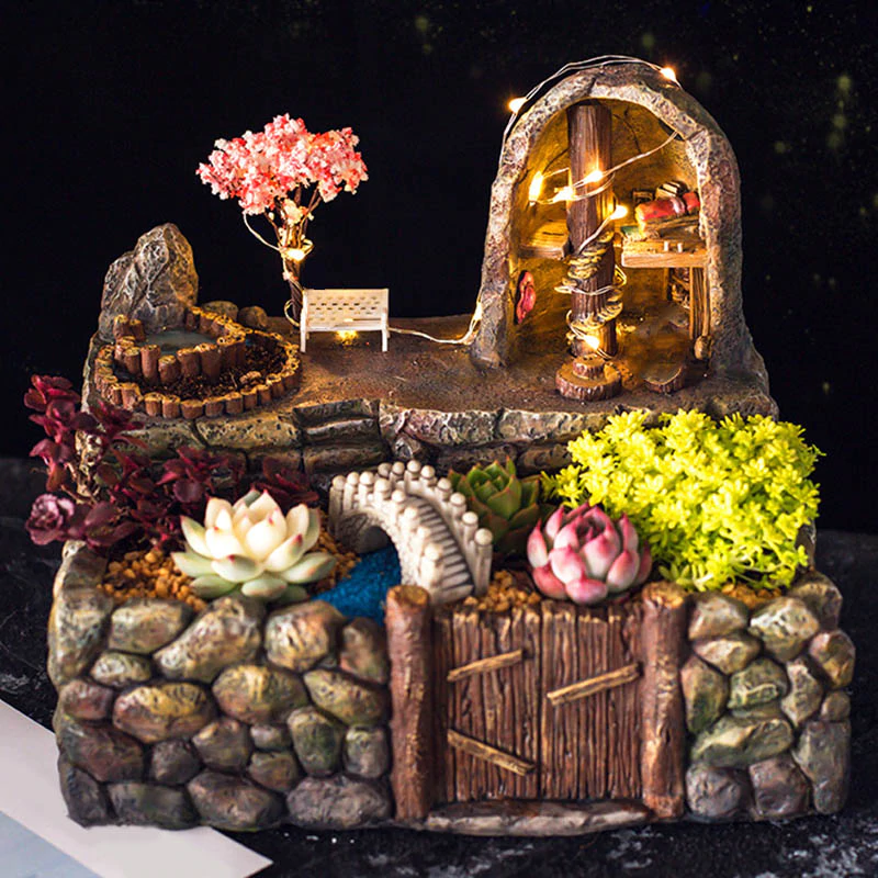 Chậu trồng cây mini DIY để bàn trồng sen đá tiểu cảnh trang trí  có đèn led