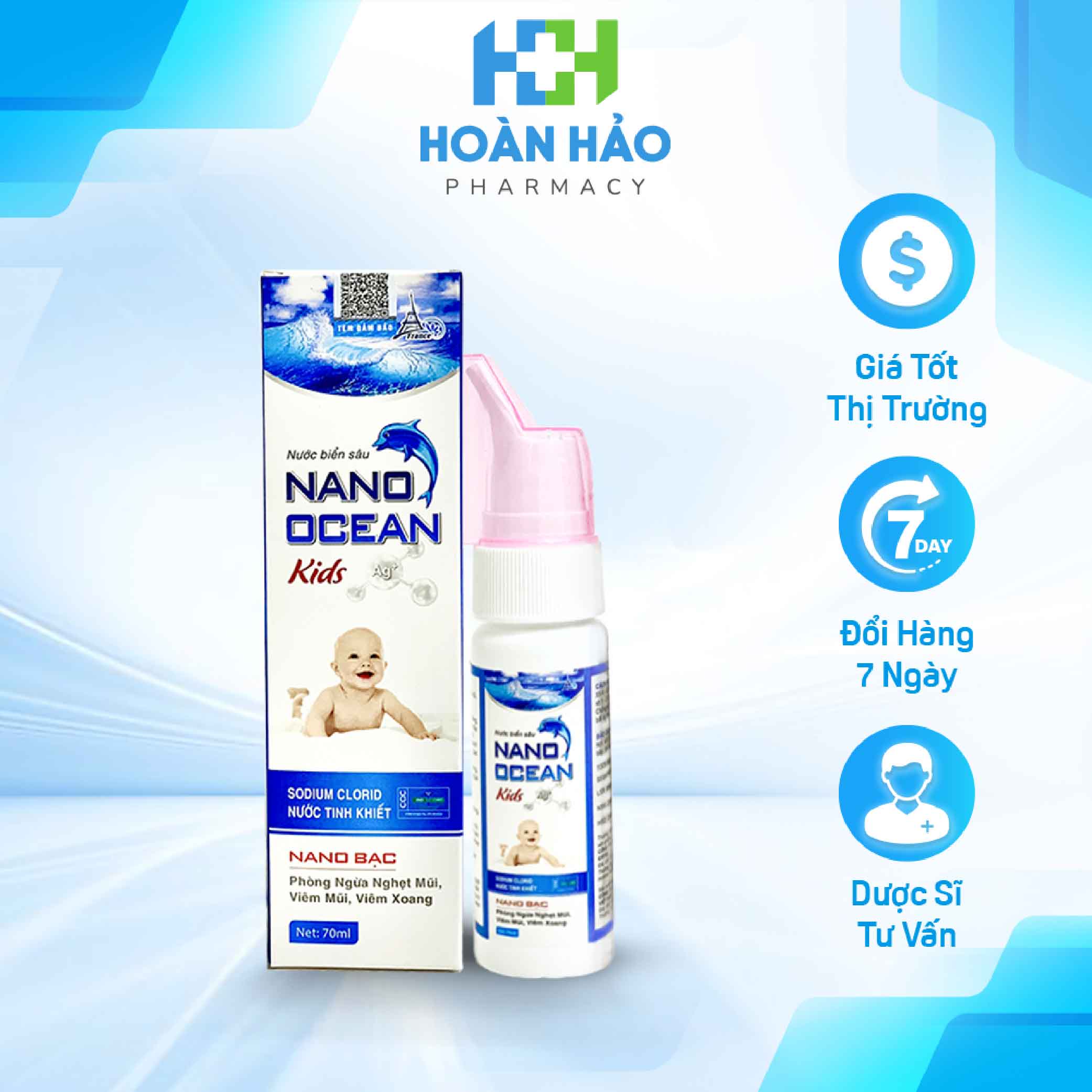 Chai rửa mũi nano bạc cho bé giảm nghẹt mũi, viêm mũi nano ocean kids fobeli - chai 70ml
