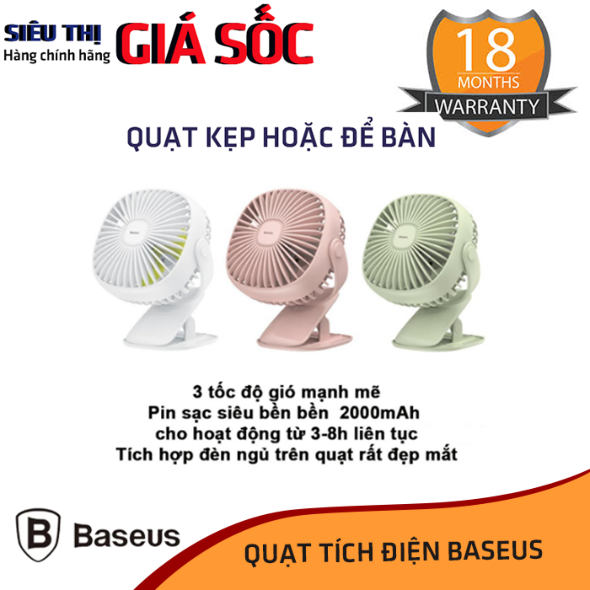 Quạt kẹp mini màu trắng - Quạt Sạc Tích Điện 2000mAh Cầm Tay Hoặc Để Bàn và có kẹp tiện dụng tích hợp đèn ngủ Đa Năng pin bền ( Hoạt động liên tục 3-8h ) thương hiệu Baseus