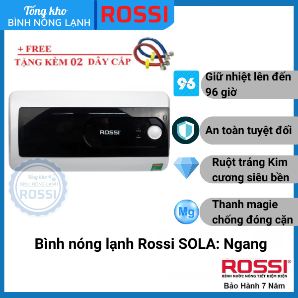 Bình nóng lạnh gián tiếp Rossi SOLA 15-20-30 LÍT NGANG - RSA15-20-30 SL, bảo hành 07 năm toàn quốc