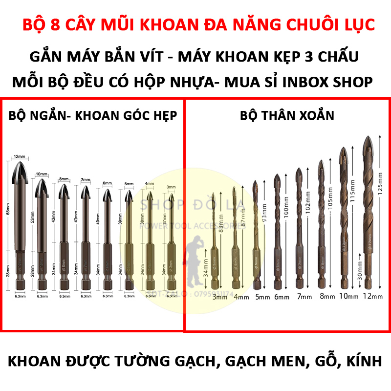 Bộ 8 mũi khoan đa năng chuôi lục gắn máy bắn vít, máy khoan