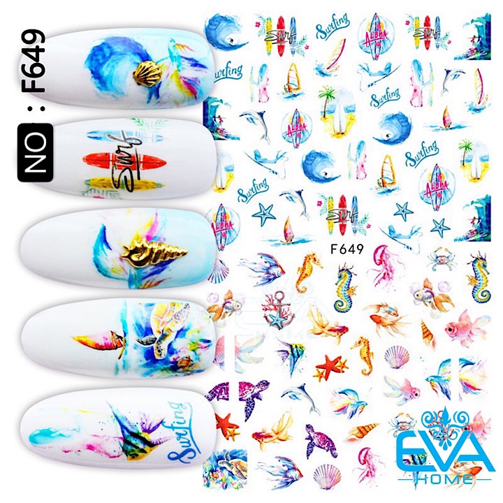 [HCM]Miếng Dán Móng Tay 3D Nail Sticker Tráng Trí Hoạ Tiết Sinh Vật Biển Và Lướt Sóng Surfing F649