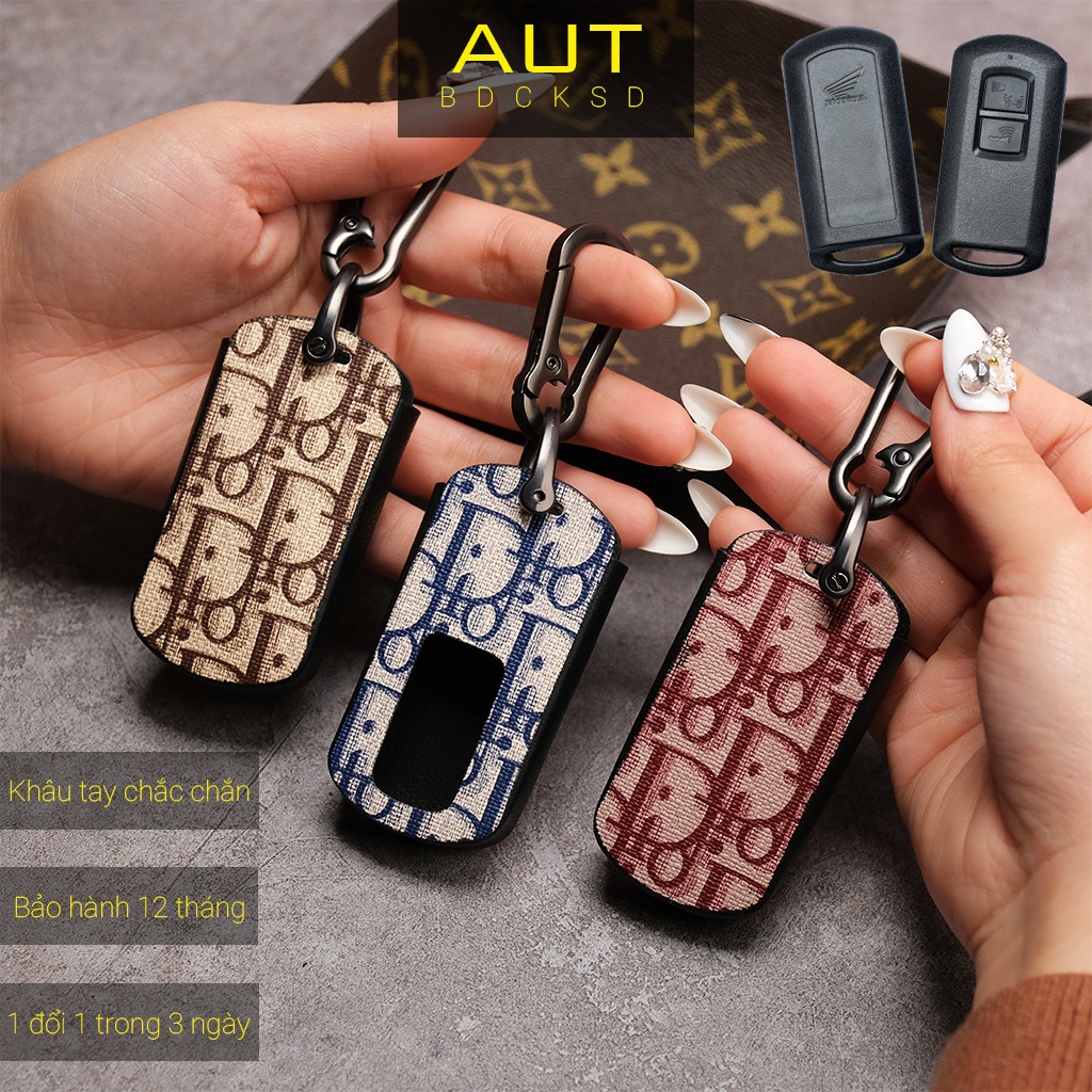 Bao da bảo vệ chìa khoá Smartkey Honda AB Air Blade Lead Vision Vario 150 Click Dior handmade móc đen