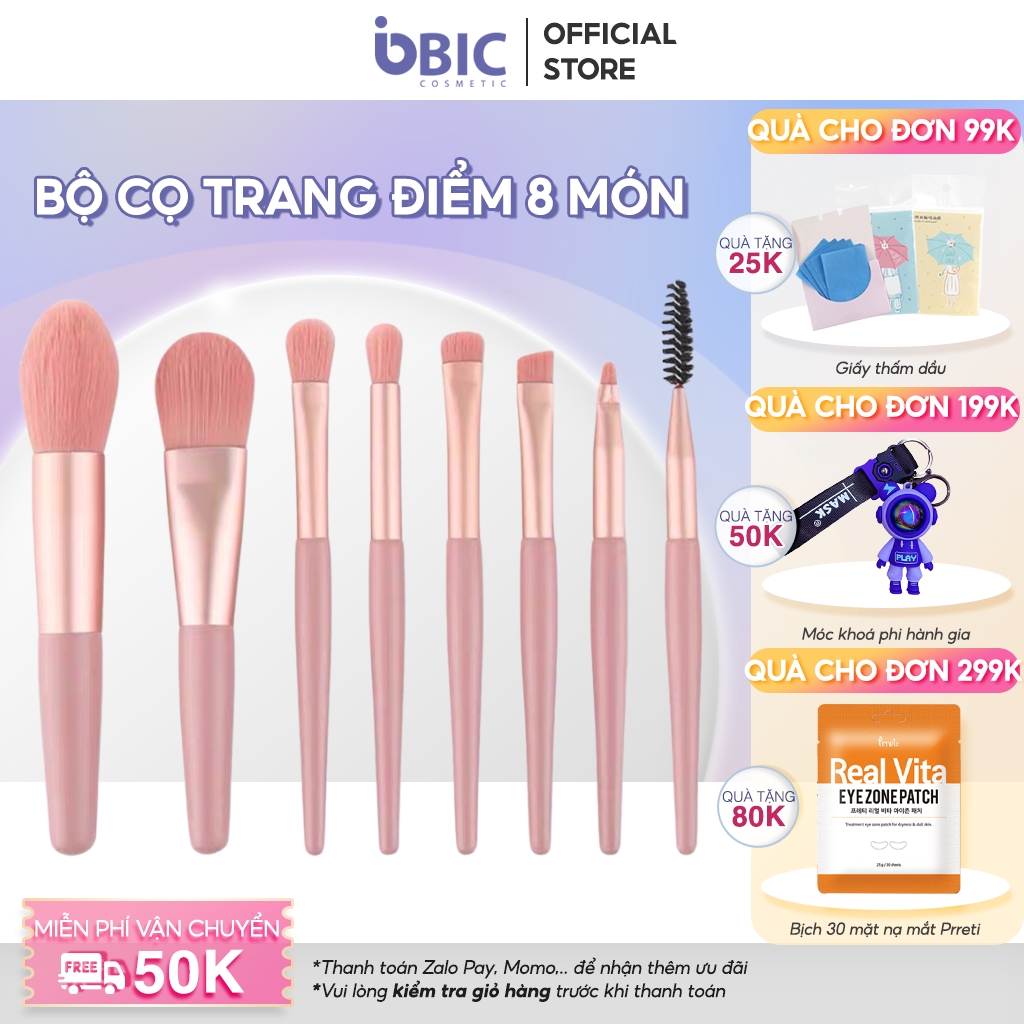 Bộ cọ trang điểm chuyên nghiệp 8 món tiện lợi kèm túi Zip siêu xinh, cọ trang điểm nội địa Trung cọ tán kem, phấn, cọ trang điểm mắt, cọ đánh phấn má, cọ tán son môi- BC8C