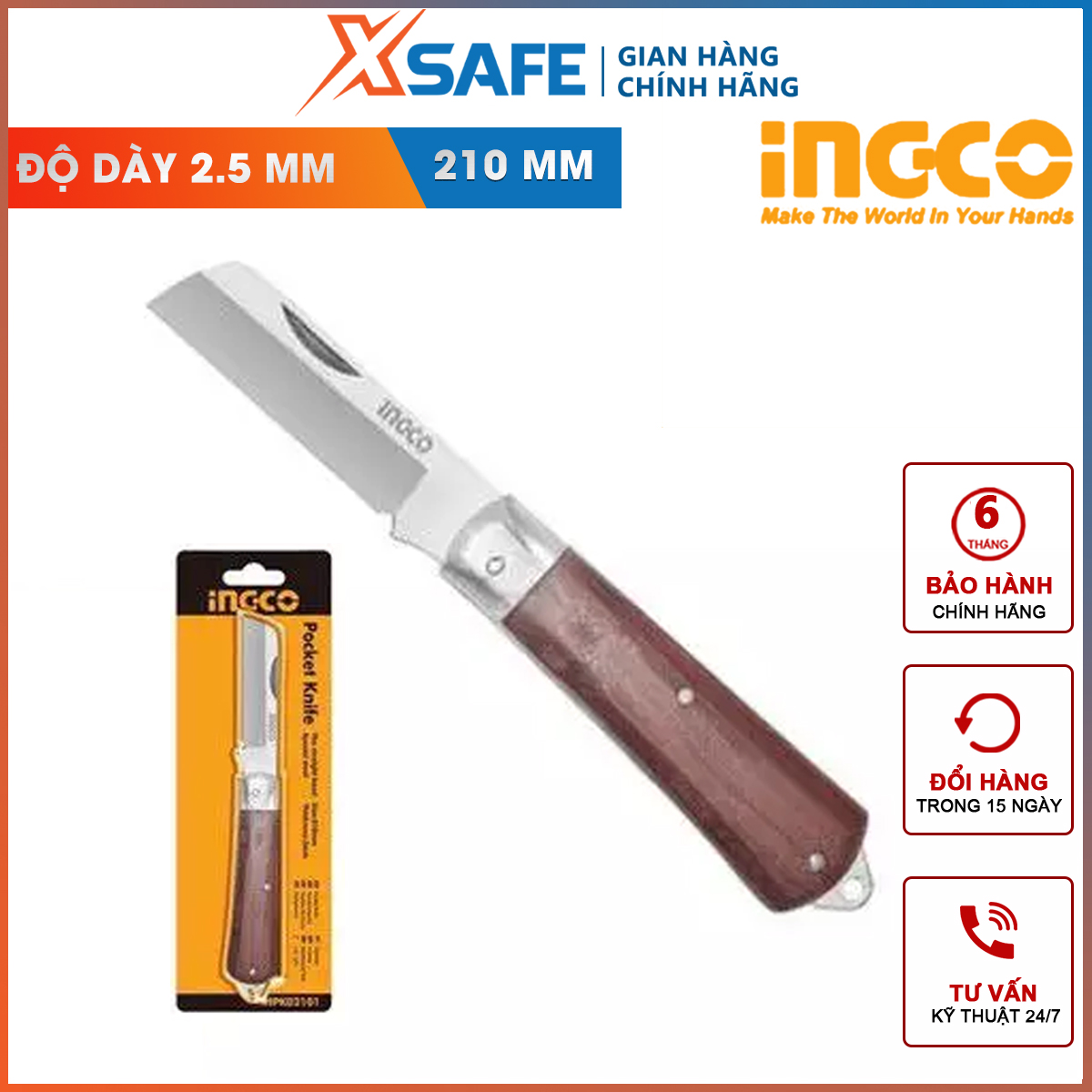 Dao tước dây điện lưỡi thẳng INGCO HPK82001 dao cắt cáp lưỡi thẳng, kích thước 210mm, chất liệu thép đặc biệt, độ dày 2.5mm bóc tách lõi dây điện, dây cáp