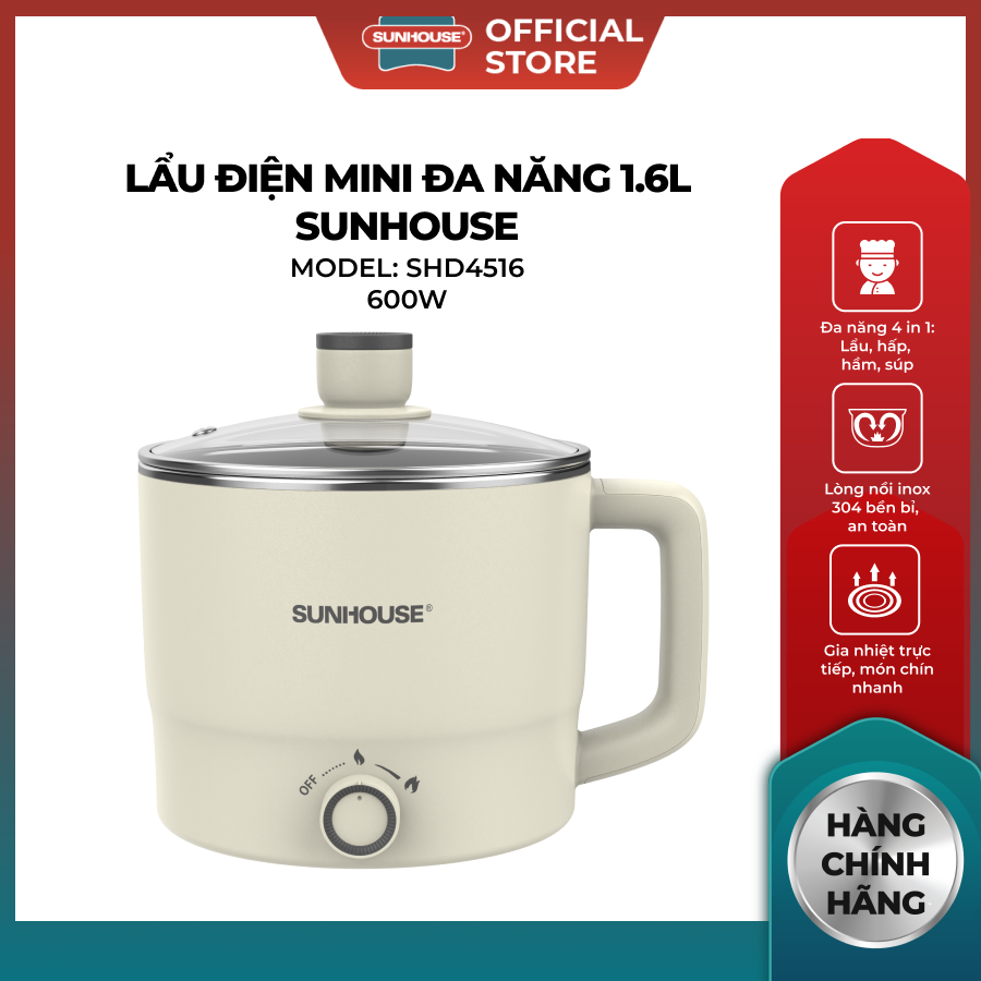 Lẩu điện mini đa năng Sunhouse SHD4516/SHD4517 - Đa năng 4in1 - Lòng nồi inox 304 - Tích hợp tay cầm - Gia nhiệt trực tiếp