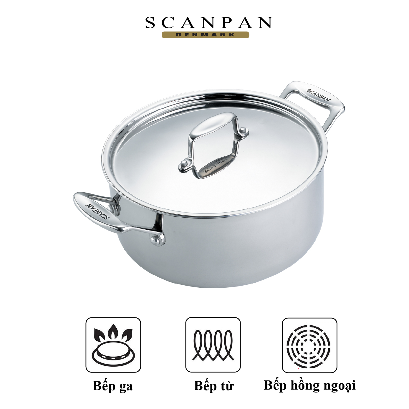 Nồi inox scanpan fusion dùng bếp từ 20/24cm, đúc liền 5 lớp truyền nhiệt nhanh và đều, an toàn trong máy rửa bát - 74252000/74252400
