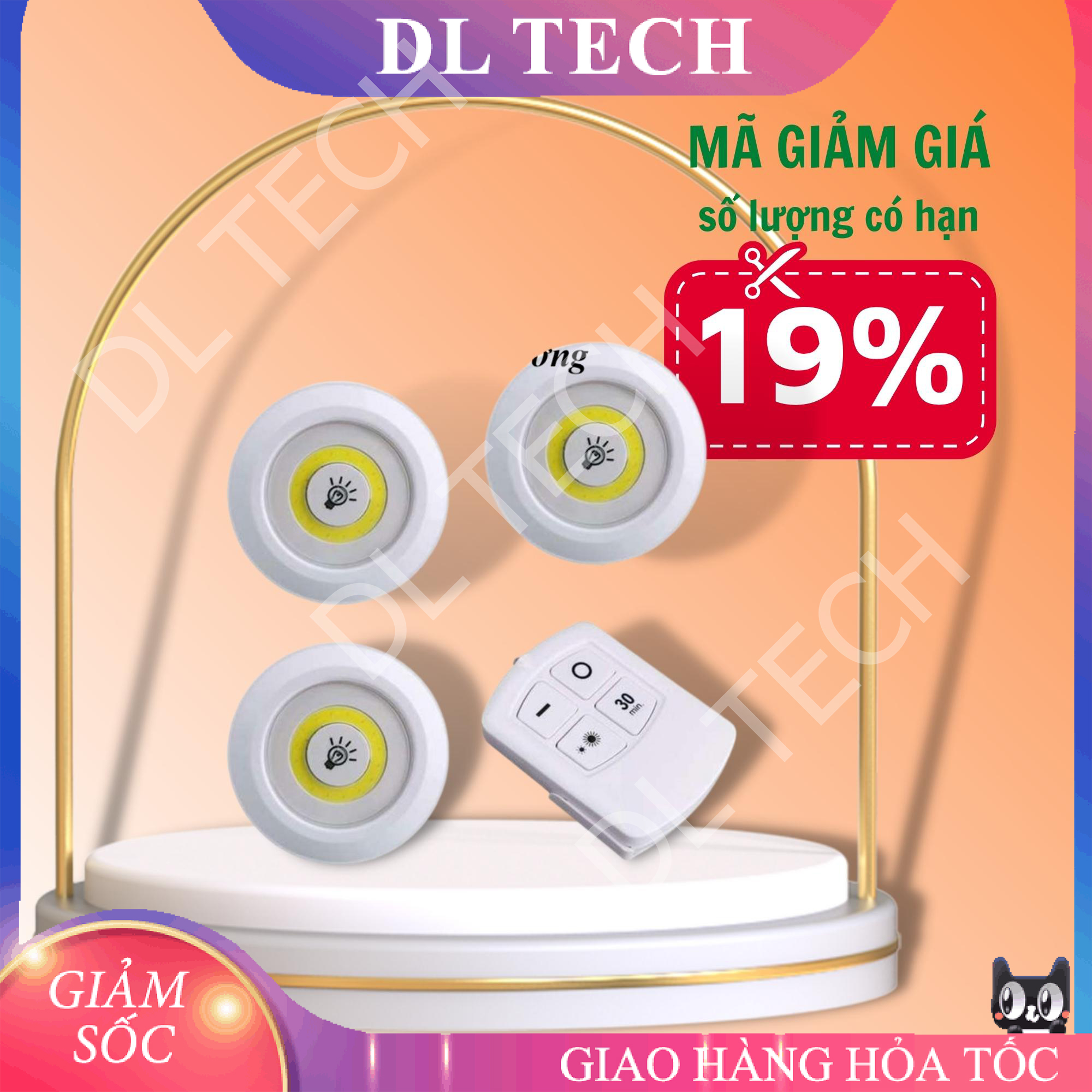 Bộ 3 bóng mini Điều khiển từ xa ánh sáng vàng Đèn led dán tường thông minh treo cầu thang phòng ngủ tủ GY13 DL TECH