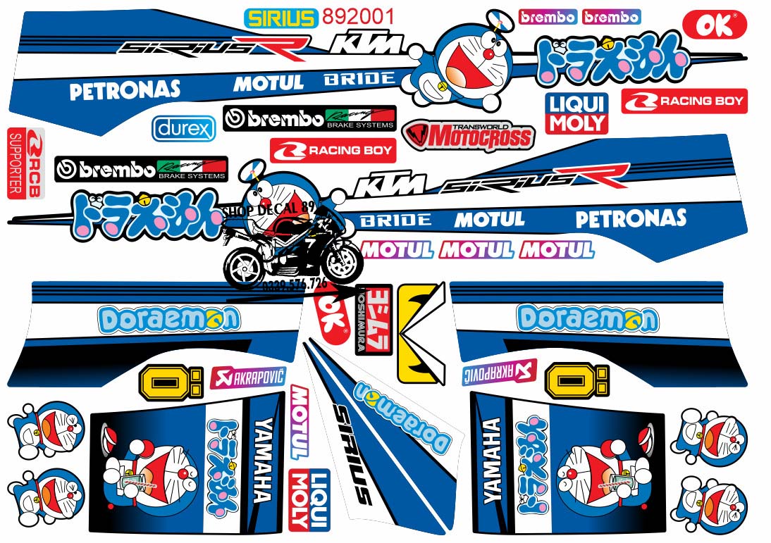 Tem Rời 3 Lớp SIRIUS MẪU DOREMON XANH GP ĐEN MS 892001 - Dán Cho Sirius Xăng Cơ