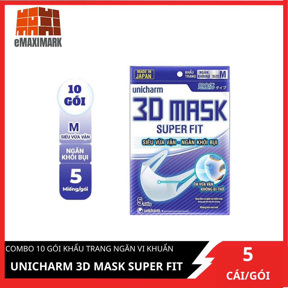 [HCM]Combo 10 Khẩu Trang Ngăn Khói Bụi Unicharm 3D Mask Super Fit Gói 5 Cái