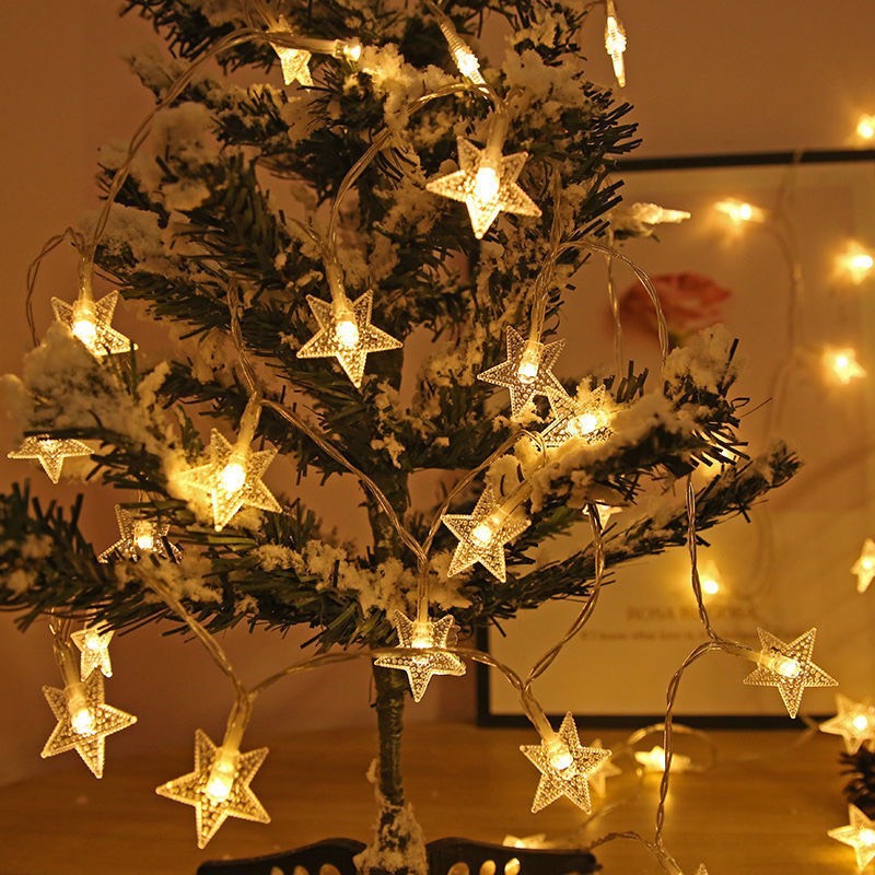 Đèn Led 2 Chế Độ Chớp Nháy Và Đứng Yên Xài Pin 6M 40 Bóng Đèn Led Ngôi Sao Vàng Ấm Trang Trí Tiệc Noel Lễ Tết Phòng Ngủ