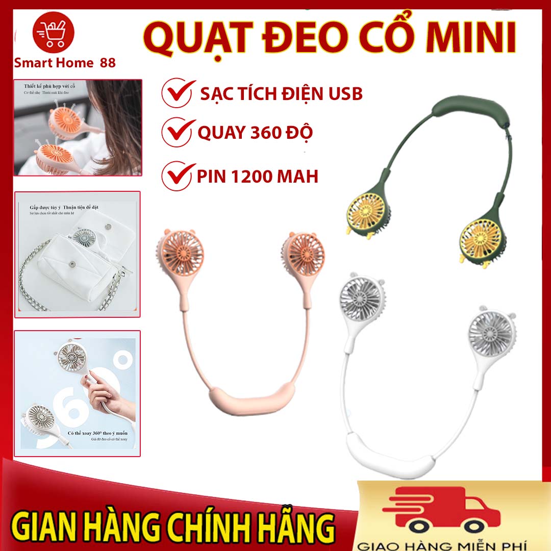 Quạt đeo cổ mini, quạt đeo cổ mini tích điện, sạc tích điện USB, quạt sạc điện mini, quạt tích điện, xoay 360 độ, 3 cấp độ gió, quạt quàng cổ, quạt gió siêu mạnh cho mùa hè, thiết kế nhỏ gọn