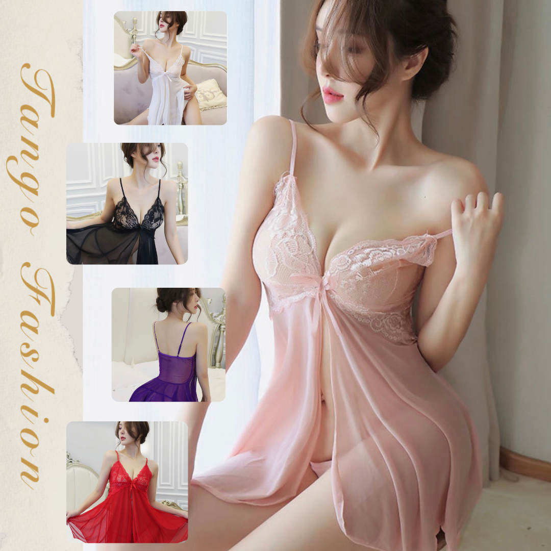 Váy ngủ voan xẻ trước ngực phối ren sexy quyến rũ