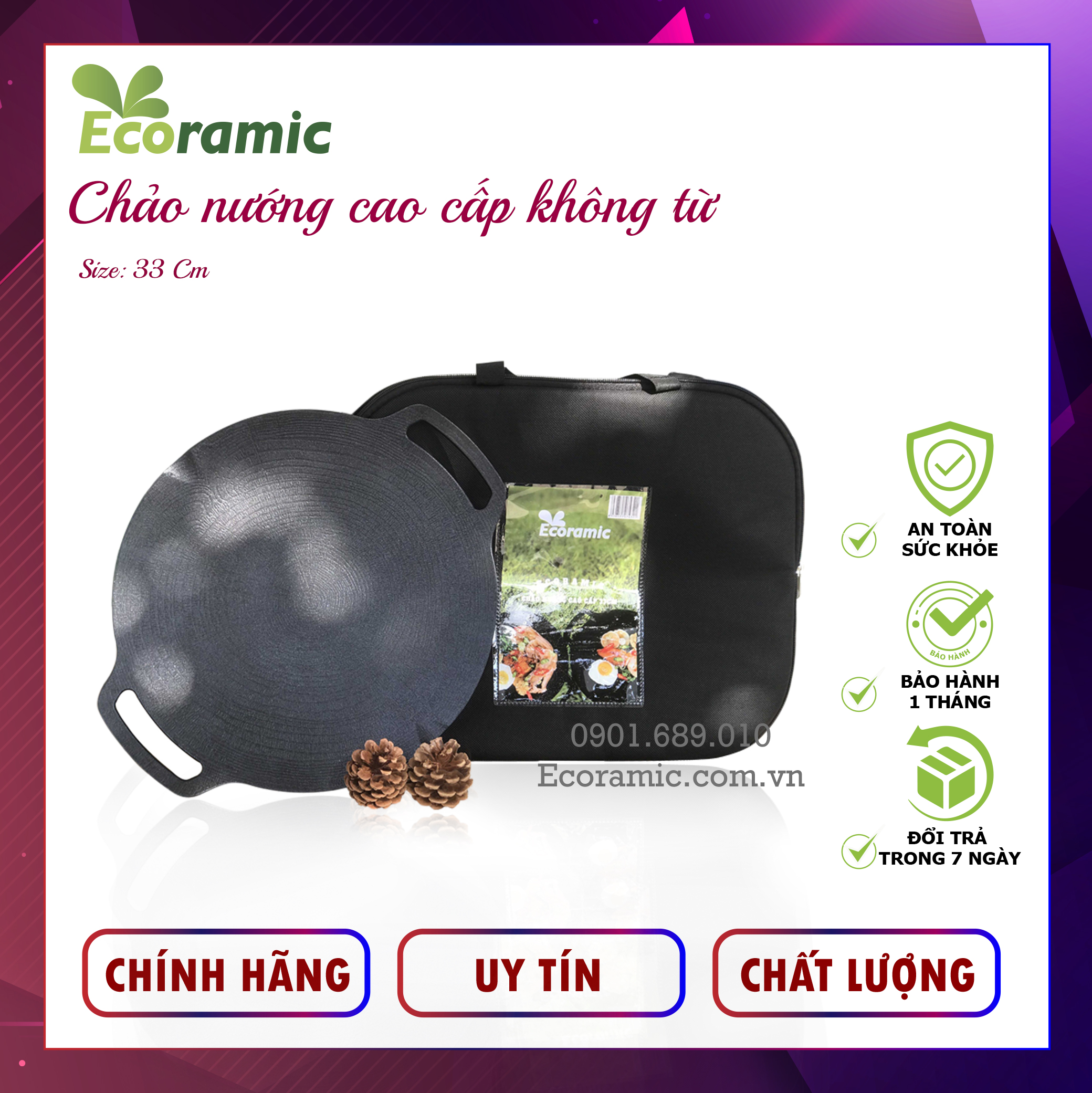 Chảo nướng đáy từ cao cấp ecoramic cao cấp chính hãng, không chì, không cadimi, không pfoa, chống dính, siêu bền, bảo hành 2 tháng