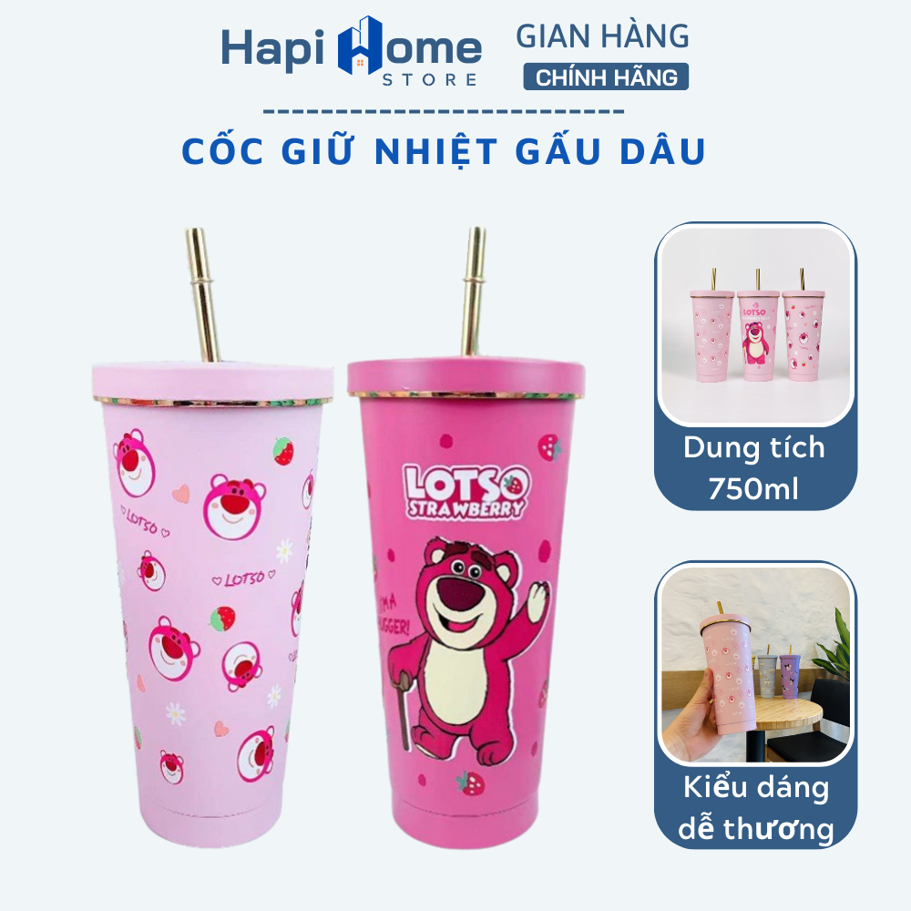 Cốc giữ nhiệt gấu dâu lotso giữ nhiệt - ly giữ nhiệt gấu dâu lotso - bình giữ nhiệt gấu dâu lotso 750ml - inox 304