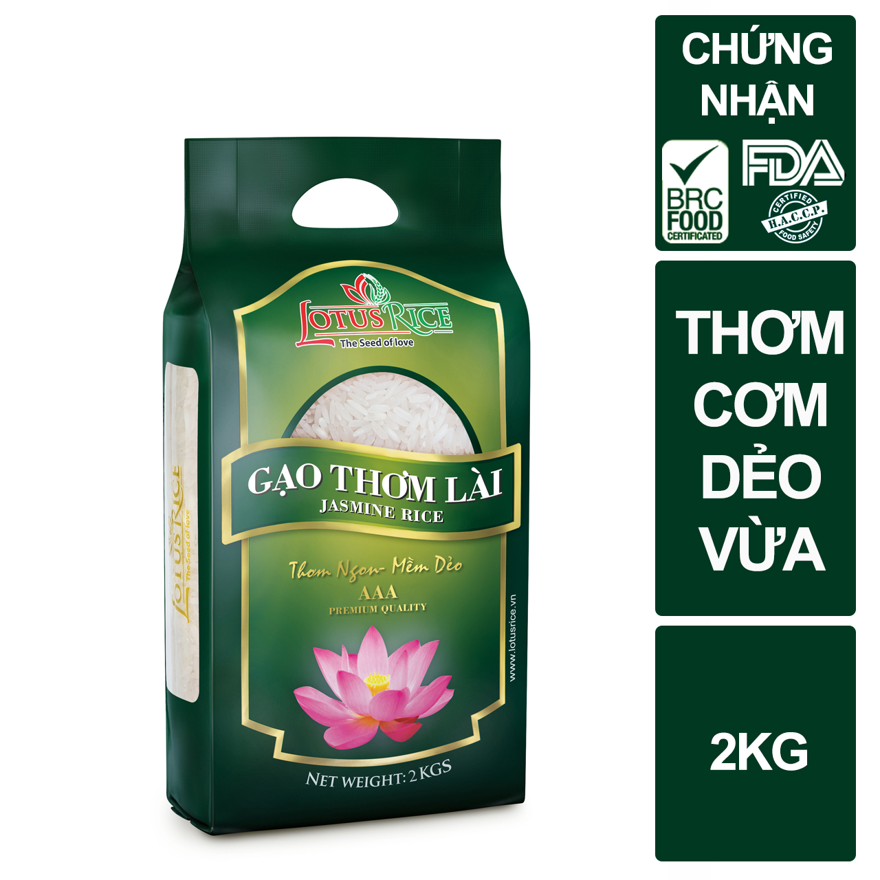 Gạo Thơm Lài thơm ngon dẻo vừa Lotus Rice 2kg -  Chuẩn xuất khẩu - Đạt nhiều chứng nhận an toàn thực phẩm